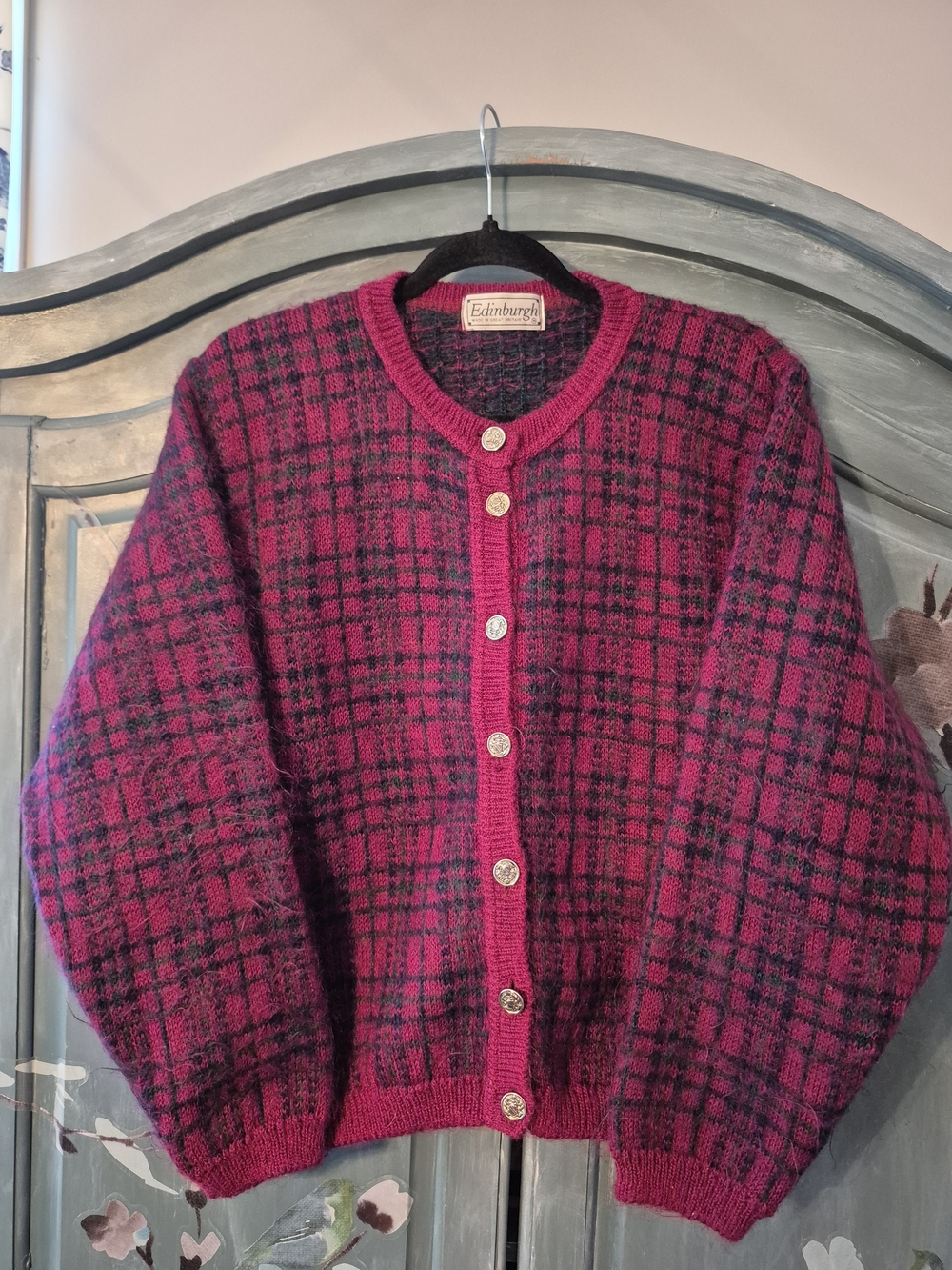 Women's Vintage Edinburgh Red Tartan Plaid Gold Button Cardigan Sweater